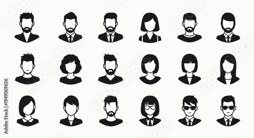 A group of 18 black and white icons of people