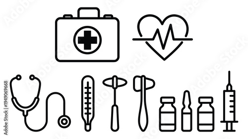 Medical emergency kit and diagnostic tools line art vector icons set