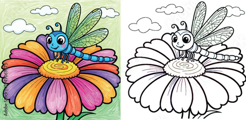 Cute cartoon blue dragonfly sitting on a large colorful flower with rainbow petals, hand drawn style illustration