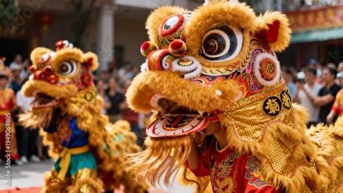 Bright and detailed portrait of a Chinese lion dance costume used in traditional performances during Lunar New Year celebrations