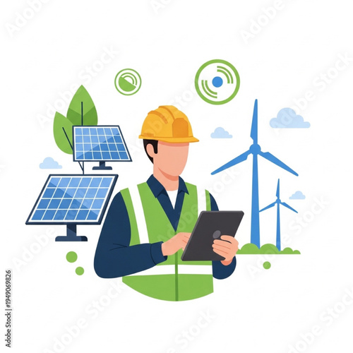 Renewable Energy Engineer Vector Illustration Solar Wind Power Technology