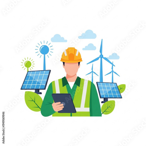 Renewable Energy Engineer Vector Illustration Solar Wind Power Technology