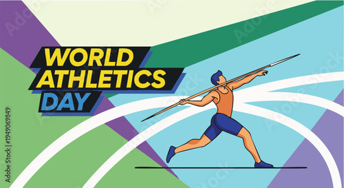 Male athlete throwing javelin in dynamic motion on colorful track with geometric shapes in bright vibrant lighting for sports marketing