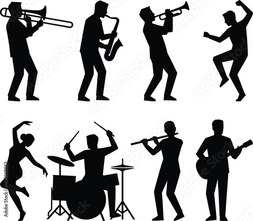 Set of musicians and dancer silhouettes performing jazz band instruments trumpet saxophone trombone drums guitar and flute isolated on white background illustration