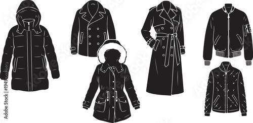 Collection of various black coats and jackets for fashion