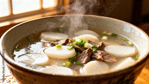 Steaming Chinese hot pot with meat and vegetables, symbolizing warmth and togetherness during festive family gatherings such as Lunar New Year dinner.