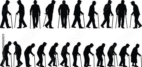 Set of elderly people silhouettes walking with cane showing aging stages senior mobility old age posture changes isolated on white background illustration