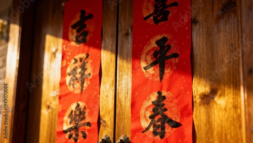 Close-up of traditional red Chinese New Year couplets with gold calligraphy placed on wooden doors. Cultural decorations symbolizing blessings, prosperity, and happiness for the Lunar New Year.