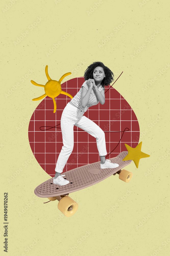 Fototapeta premium Vertical contemporary photo collage of happy girl ride longboard summer sunny weather activity hipster hobby skate-park fun