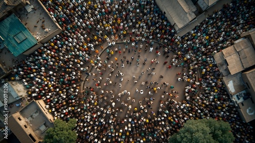 A large group of people standing in a circle in the middle of a city