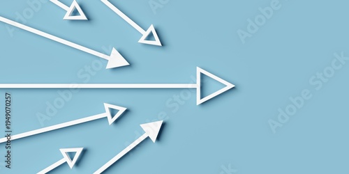 Group of filled and outlined white arrows givimg direction, business team leadership or direction concept with copy space