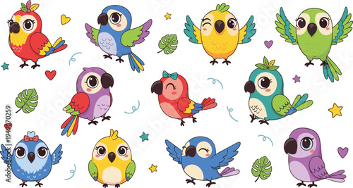 Cute cartoon parrot characters collection with colorful tropical birds, playful expressions, hearts, stars and leaves adorable vector illustration set for kids design