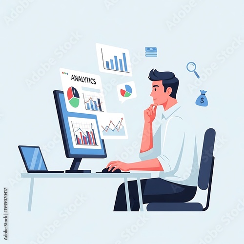 Analyzing financial data on computer with charts and graphs in a modern flat design office illustration