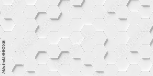 Grid of white randomly moved polygon hexagons or honeycombs with wireframe outline and spheres geometry background wallpaper banner, flat lay top view