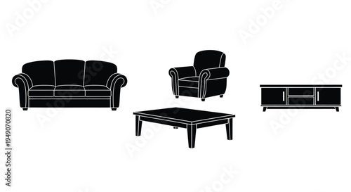 A black silhouette of a living room furniture set