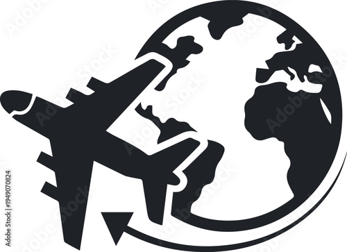 Business jet circling globe with route marker