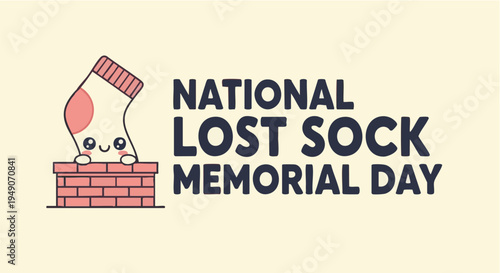 Lonely sock peeking out of brick wall on yellow background in playful cartoon style with bright colors for humorous greeting card