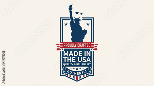 A patriotic badge proudly displays a USA-made logo with a silhouette of a famous monument.