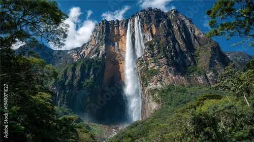 Tall waterfall plunging down a steep rocky cliff into lush green rainforest under a bright blue sky with scattered clouds.