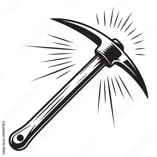A striking black and white illustration of a pickaxe with a radiant burst silhouette