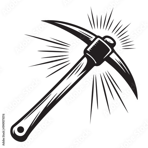 A striking black and white illustration of a pickaxe with a radiant burst silhouette
