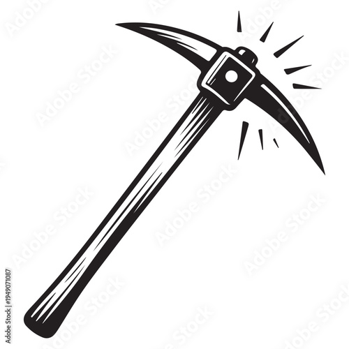 A striking black and white illustration of a pickaxe with a radiant burst silhouette