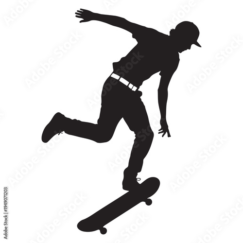 A young man dynamically skateboarding mid air captured in a striking black silhouette