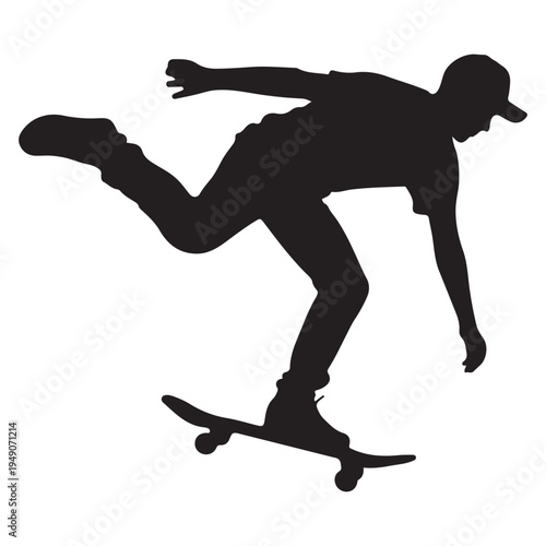 A young man dynamically skateboarding mid air captured in a striking black silhouette