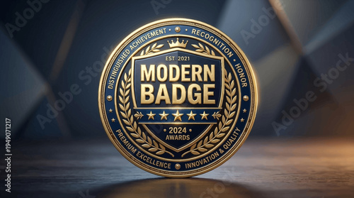 A shiny gold and blue modern badge with a crown sits on a wooden surface in a dark room.