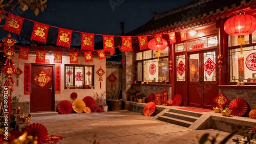 Beautiful traditional house decorated with red lanterns and festive ornaments during Chinese New Year celebration. Warm lights and cultural decorations create a joyful Lunar New Year atmosphere.
