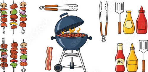 BBQ Grill with Skewers, Grilled Meat, Barbecue Tools, and Sauces for Outdoor Cooking