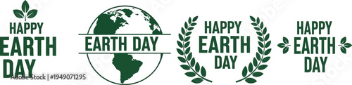 Happy Earth Day vector banner with globe and laurel wreaths on white background