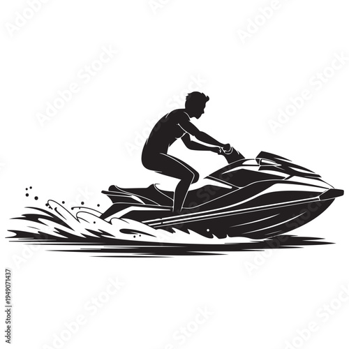 A dynamic illustration of a jet ski rider navigating waves presented as a striking silhouette