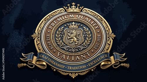 A luxurious gold emblem features a crowned crest with laurel wreaths on a dark background.