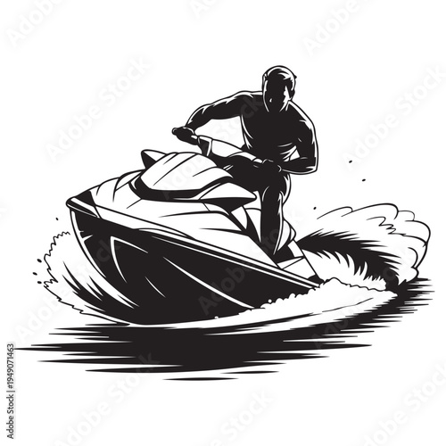 A dynamic illustration of a jet ski rider navigating waves presented as a striking silhouette