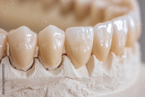 Close-up of ceramic dental crowns on a plaster model in a dental laboratory.