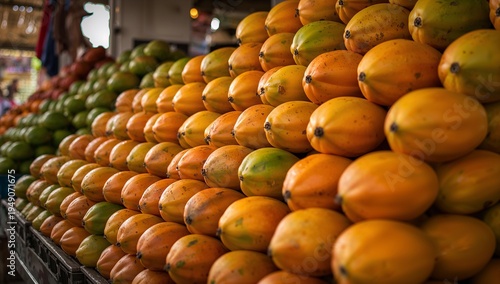 Bright yellow mangoes stacked in a pyramid display at a tropical fruit market. Fresh organic mango harvest representing healthy nutrition, exotic fruits, and local produce.