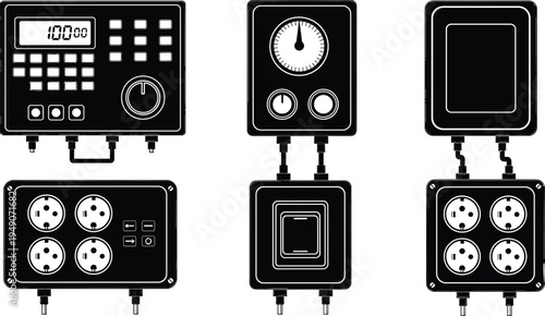 Industrial control panels and electrical sockets set, power distribution equipment icons, engineering technology vector illustration collection