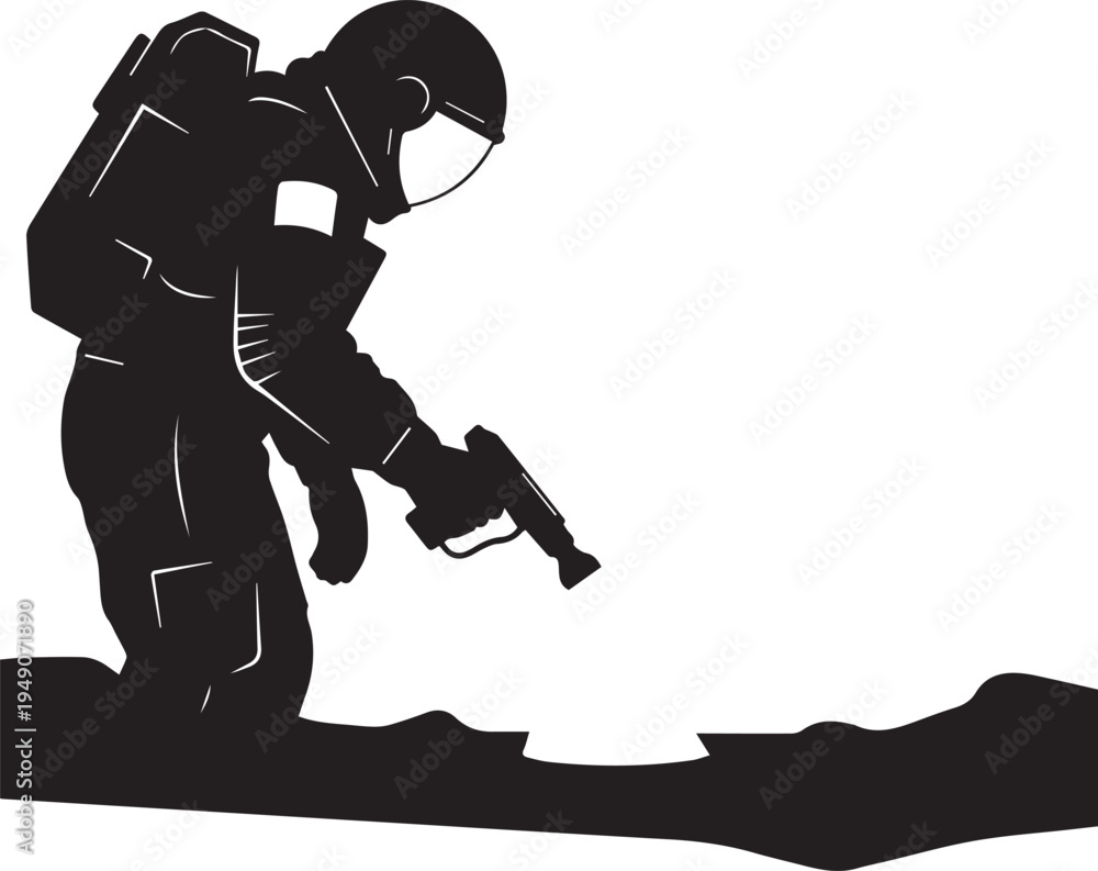 Obraz premium Astronaut character vector illustration kneeling on ground with ray gun tool in line art