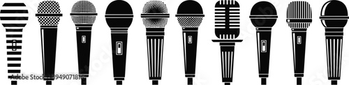 Microphone icons collection, retro and modern vocal microphones set, music recording studio equipment vector illustration silhouettes