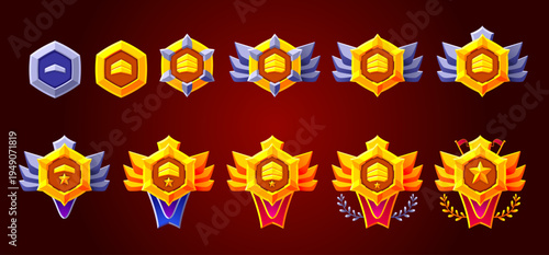 Rank level badges set. Silvered and golden. High quality vectors. Perfect for games.