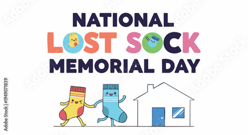 National Lost Sock Memorial Day logo with colorful cartoon characters in playful humorous style for social media