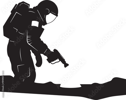 Astronaut character vector illustration kneeling on ground with ray gun tool in line art