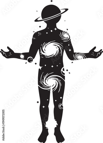 Cosmic galaxy man silhouette vector illustration with planets and stars across entire body