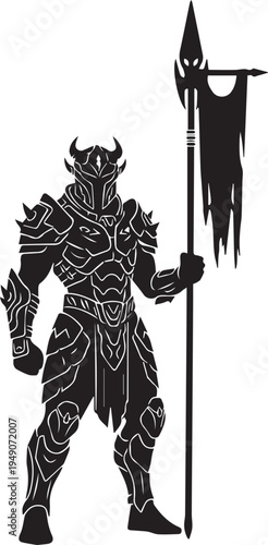 Demonic dark knight warrior silhouette vector illustration holding spear with torn banner
