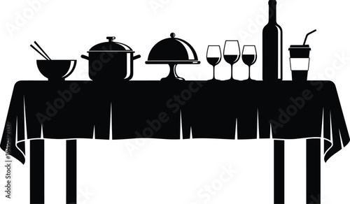 Dining table with food and drinks silhouette, restaurant dinner setup, kitchen cookware wine glasses vector illustration