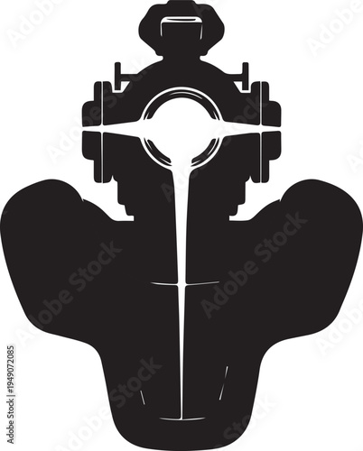 Industrial plumbing valve silhouette vector illustration with mechanical parts and pipes