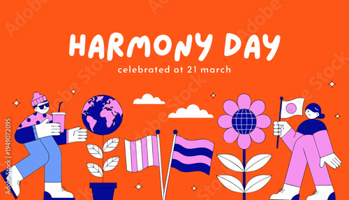 A vibrant illustration depicts diverse people celebrating harmony day on march 21st, featuring joyful poses, musical notes, and floral elements. high-quality professional detailed modern elegant