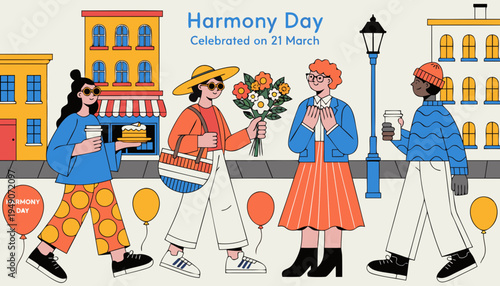 A vibrant illustration depicts diverse people celebrating harmony day on march 21st, featuring joyful poses, musical notes, and floral elements. high-quality professional detailed modern elegant