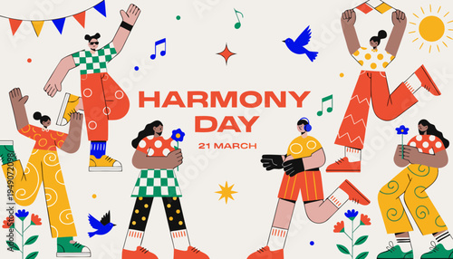 A vibrant illustration depicts diverse people celebrating harmony day on march 21st, featuring joyful poses, musical notes, and floral elements. high-quality professional detailed modern elegant